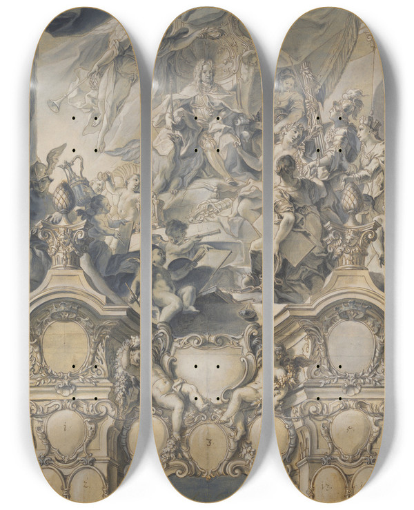 Triptych art skateboard deck of Johann Evangelist Holzer The Arts And Powers Pay Homage To Emperor Charles Vi by Johann Evangelist Holzer (1709-1740)