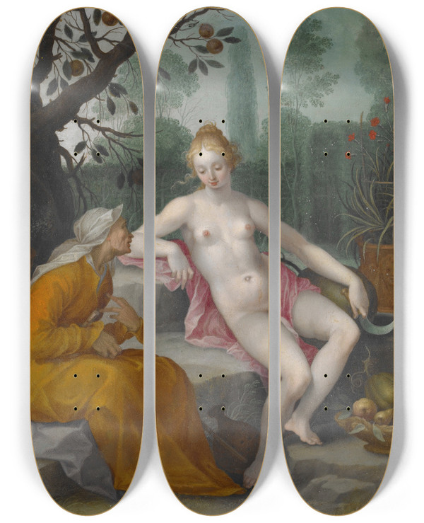 Triptych art skateboard deck of After Abraham Bloemaert Vertumnus And Pomona by After Abraham Bloemaert (1564-1651)