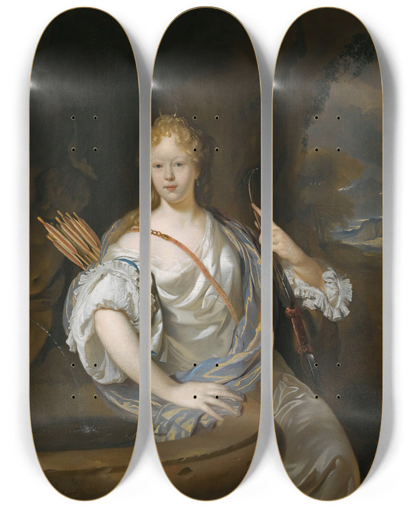 Triptych art skateboard deck of Adriaen Van Der Werff Portrait Of A Lady Dressed As Diana by Adriaen van der Werff (1659-1722)