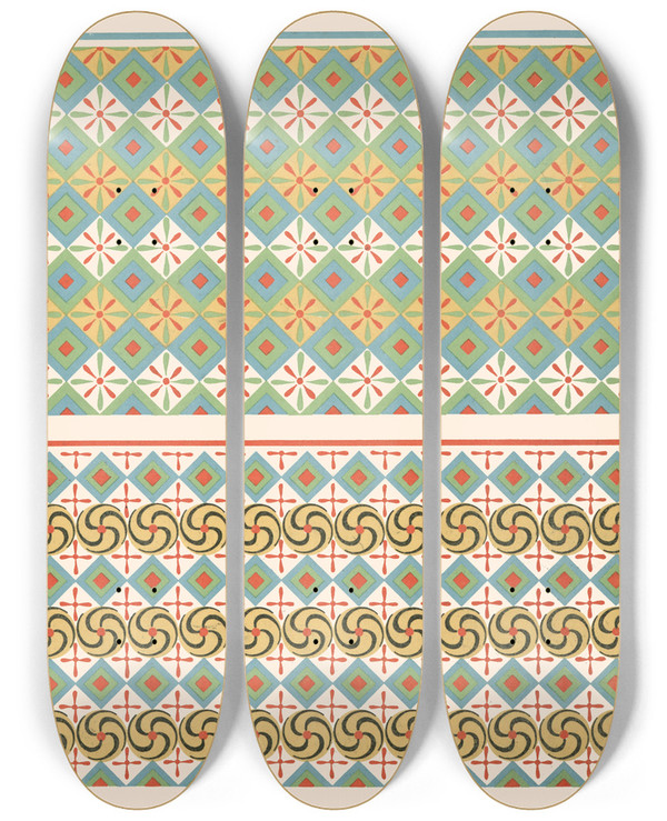Triptych art skateboard deck of Gustave Jquier 18 Plafond Du Tombeau De Hapousenb N 67 19 Plafond Du Tombeau Damenemheb N 85 by Gustave Jequier (1868-1946)