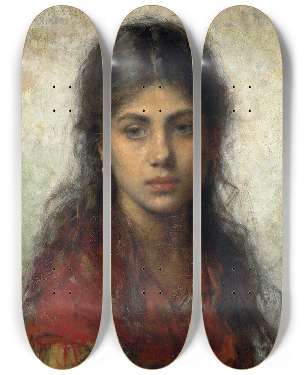 Triptych art skateboard deck of Alexei Harlamoff Girl With A Red Shawl by Alexei Harlamoff (1840-1925)