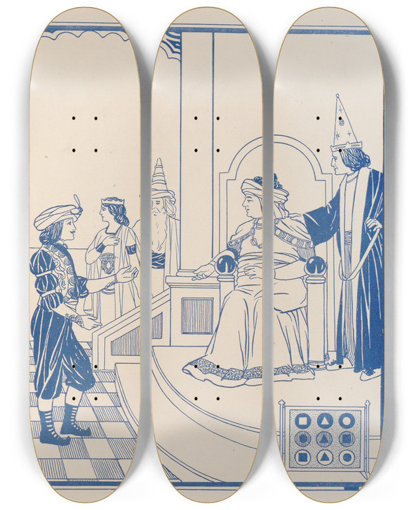 Triptych art skateboard deck of Leopold Flood Brightwits Prince Of Mogadore Pl 12 by Leopold Flood