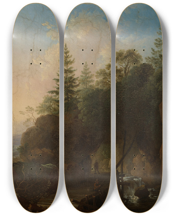 Triptych art skateboard deck of Christian Wilhelm Ernst Dietrich Gebirgslandschaft Mit Wasserfall Und Hlzerner Brcke by Christian Wilhelm Ernst Dietrich (1712-1774)