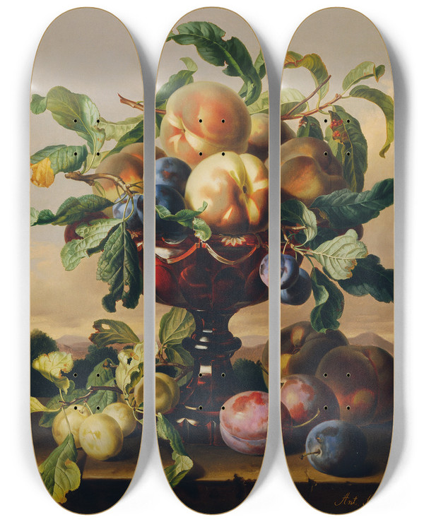 Triptych art skateboard deck of Anton Hartinger Stillleben Mit Pfirsichen Und Pflaumen In Roter Glasschale by Anton Hartinger (1806-1890)