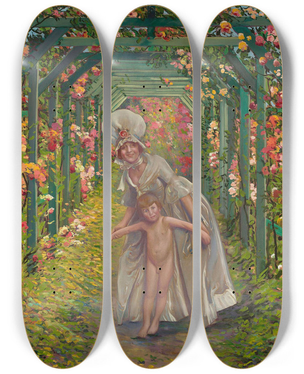 Triptych art skateboard deck of Leon Kamirkaufmann Woman With A Nude Boy Summer by Leon Kamir Kaufmann (1872-1933)