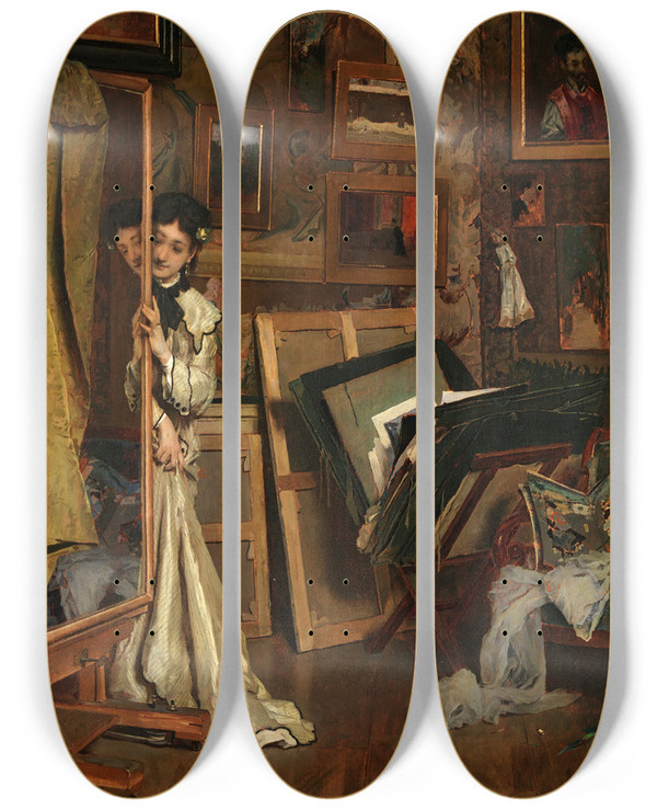 Triptych art skateboard deck of Alfred Stevens The Psych My Studio by Alfred Stevens (1817-1875)