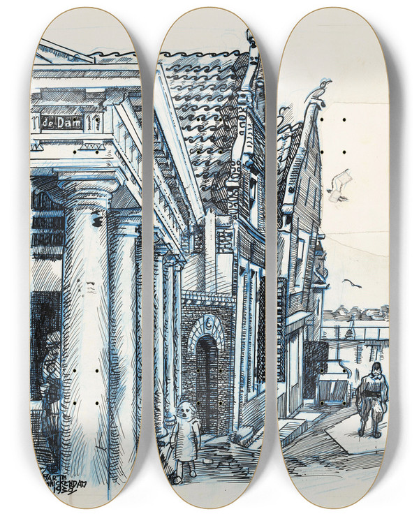 Triptych art skateboard deck of Martin Monnickendam Gezicht Langs Het Waaggebouw Te Monnickendam by Martin Monnickendam (1874-1943)