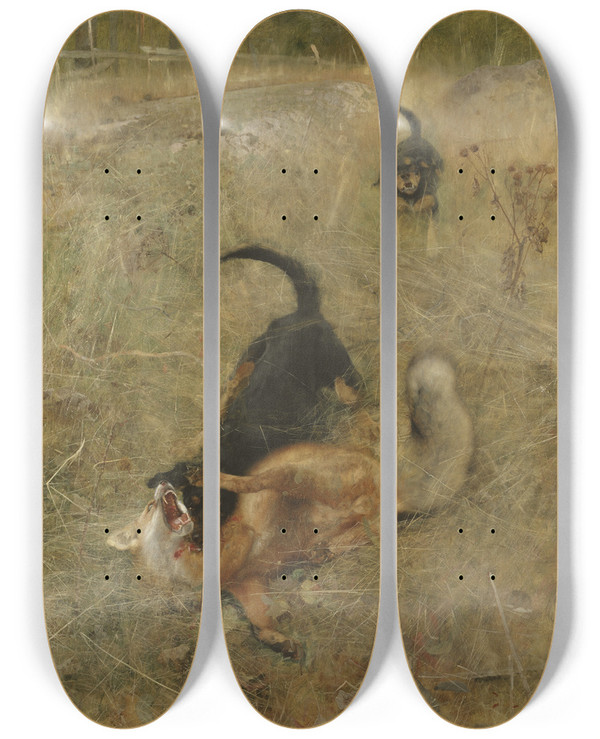 Triptych art skateboard deck of Bruno Liljefors Swedish Foxhound And Fox by Bruno Liljefors (1860-1939)