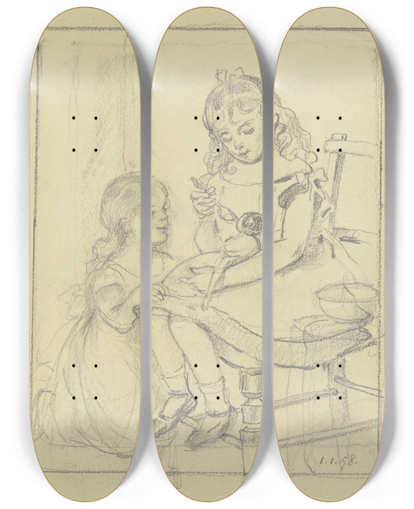 Triptych art skateboard deck of Otto Scholderer Zwei Kinder Fttern Eine Puppe_2 by Otto Scholderer (1834-1902)