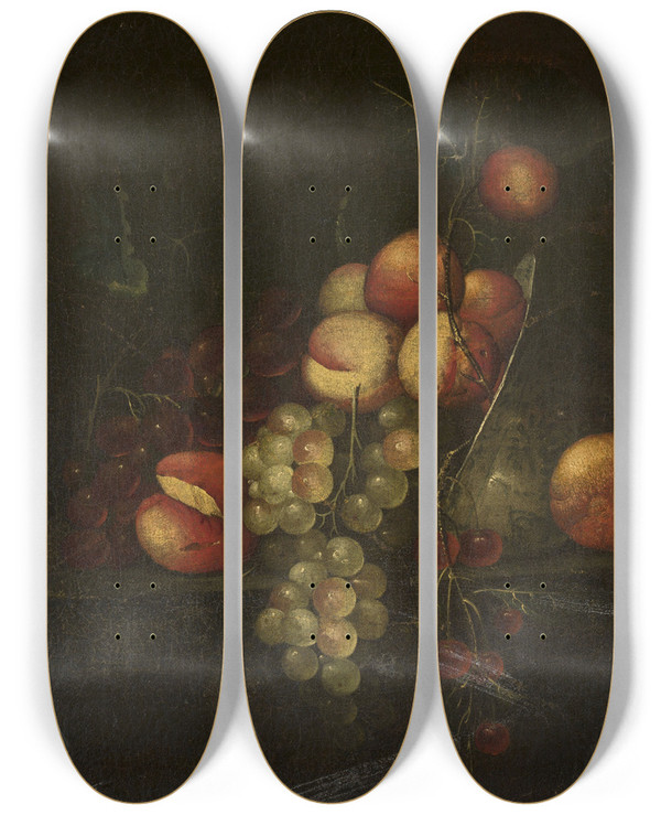 Triptych art skateboard deck of Cornelis De Heem Still Life Apples And Grapes by Cornelis de Heem (1631-1695)