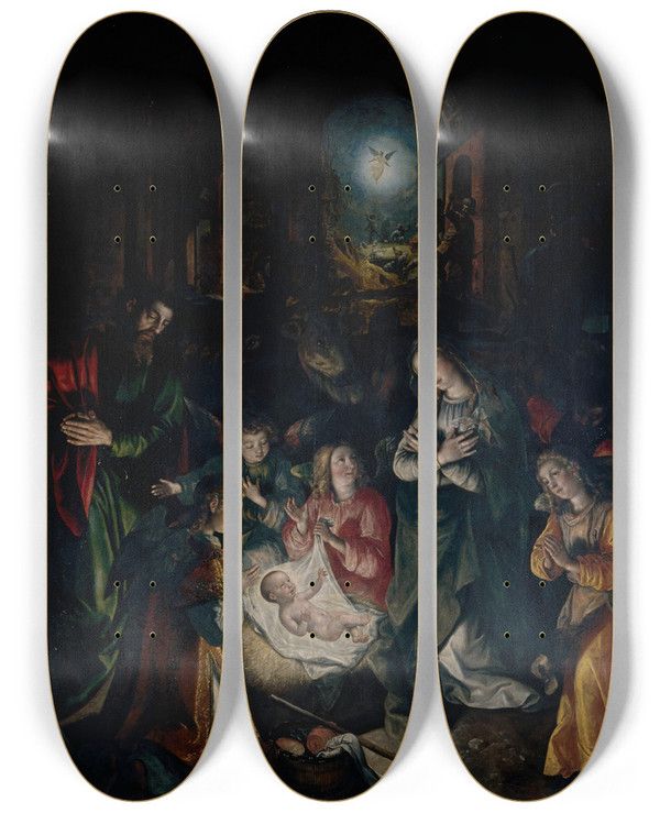 Triptych art skateboard deck of Maerten De Vos The Nativity by Maerten De Vos (1532-1603)