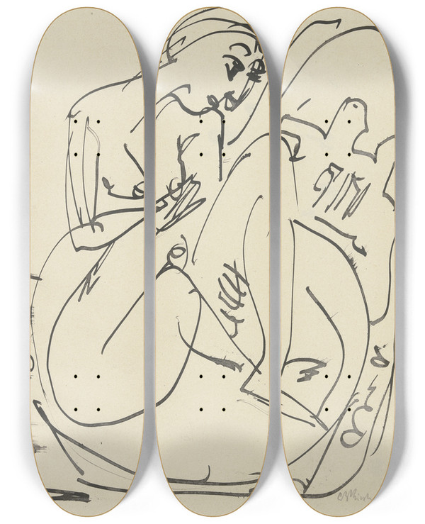 Triptych art skateboard deck of Ernst Ludwig Kirchner Badende Im Tub by Ernst Ludwig Kirchner (1880-1938)