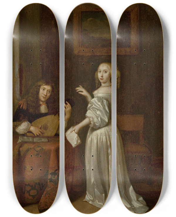 Triptych art skateboard deck of Reinier De La Haye Singing Lesson by Reinier De La Haye (1640-1695)