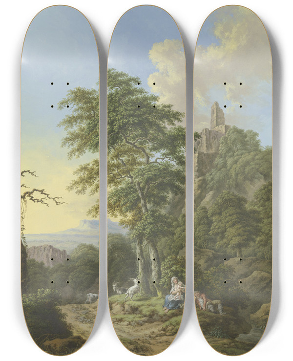 Triptych art skateboard deck of Karl Franz Kraul Reiche Berglandschaft Mit Bach Und Wald by Karl Franz Kraul (1754-1796)