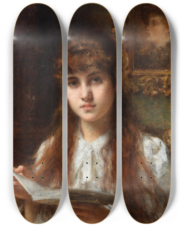 Triptych art skateboard deck of Alexei Harlamoff Lesendes Mdchen by Alexei Harlamoff (1840-1925)