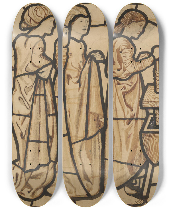 Triptych art skateboard deck of Sir Edward Coley Burnejones The Song Of Solomon My Mothers Children Were Angry With Me by Sir Edward Coley Burne-Jones (1833-1898)