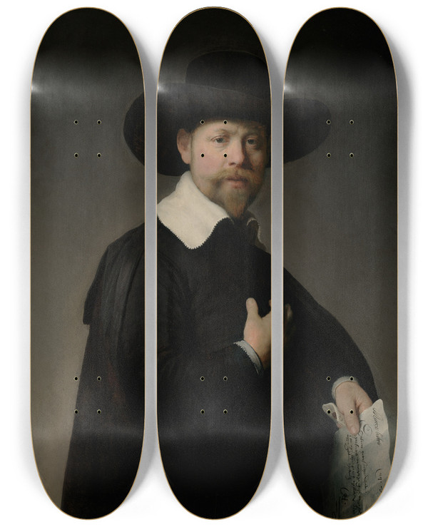 Triptych art skateboard deck of Rembrandt Van Rijn Portrait Of Marten Looten by Rembrandt Van Rijn (1606-1669)