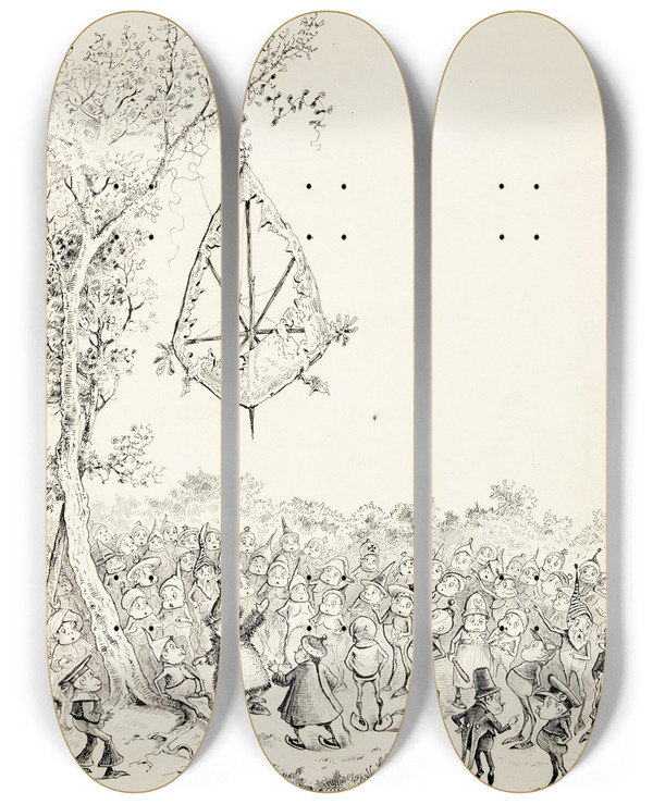 Triptych art skateboard deck of Palmer Cox Brownies Book Illustration by Palmer Cox (1840-1924)