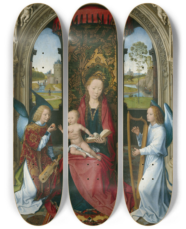 Triptych art skateboard deck of Hans Memling Madonna And Child With Angels by Hans Memling (1430-1494)