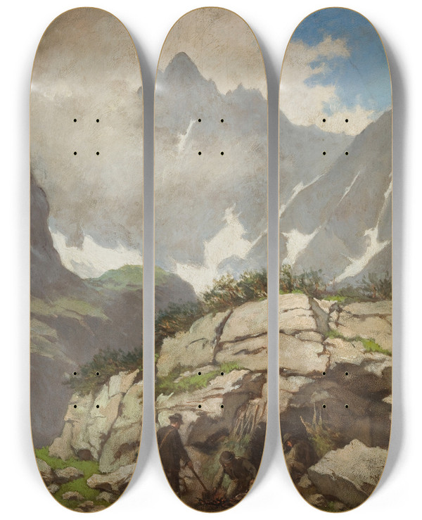 Triptych art skateboard deck of Walery Eljaszradzikowski Rock Refuge Of Reverend Stolarczyk In The Tatra Mountains by Walery Eljasz Radzikowski (1841-1905)