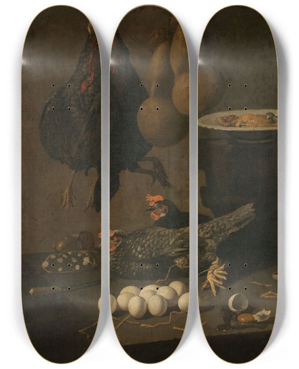 Triptych art skateboard deck of Giovanni Battista Recco Still Life With Chickens And Eggs by Giovanni Battista Recco (1615-1660)