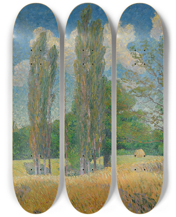 Triptych art skateboard deck of Gustave Loiseau Les Peupliers by Gustave Loiseau (1865-1935)