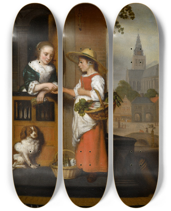 Triptych art skateboard deck of Nicolaes Maes Vegetable Seller by Nicolaes Maes (1634-1693)