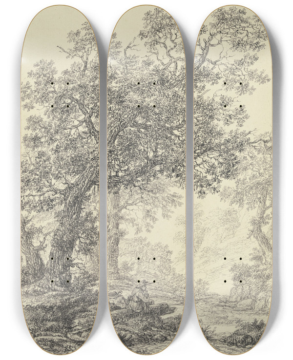 Triptych art skateboard deck of Bernhard Gottfried Manskirch Zwei Wanderer Unter Eichenbumen Rastend by Bernhard Gottfried Manskirch