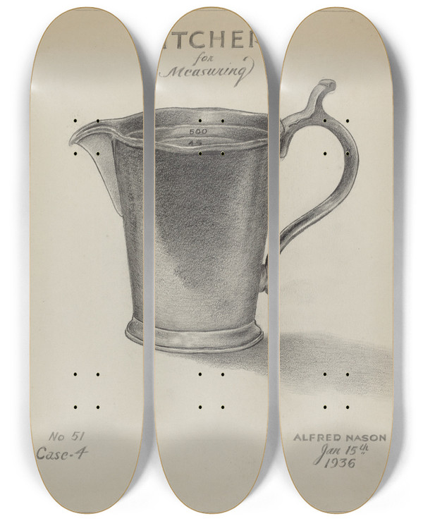 Triptych art skateboard deck of Alfred Nason Pewter Pitcher by Alfred Nason
