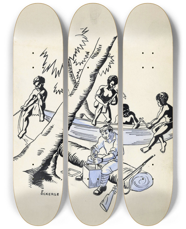 Triptych art skateboard deck of F Ockerse Nieuwguineese Mannen Bouwen Een Kano by F Ockerse (20-)