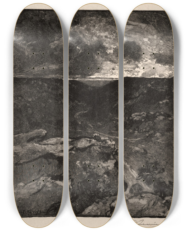 Triptych art skateboard deck of Auguste Louis Lepre La Valle De Franchard by Auguste Louis Lepere (1849-1918)