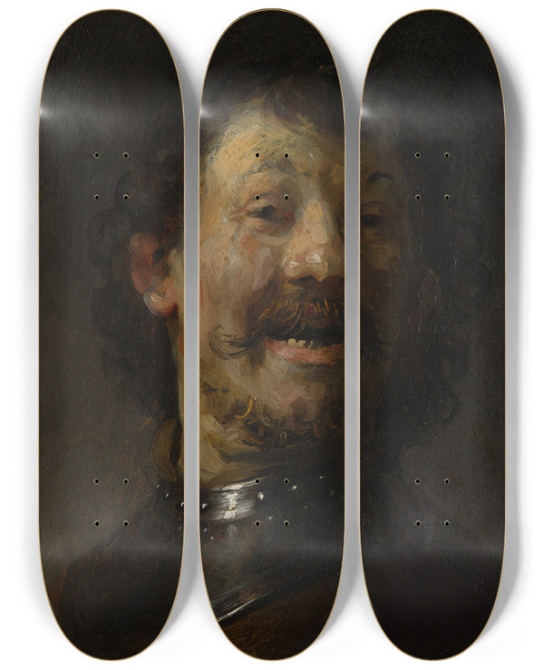 Triptych art skateboard deck of Rembrandt Van Rijn The Laughing Man by Rembrandt Van Rijn (1606-1669)