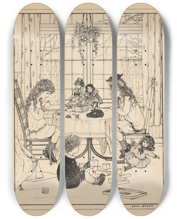 Triptych art skateboard deck of Nelly Spoor Spelende Kinderen In Een Interieur by Nelly Spoor (1885-1950)