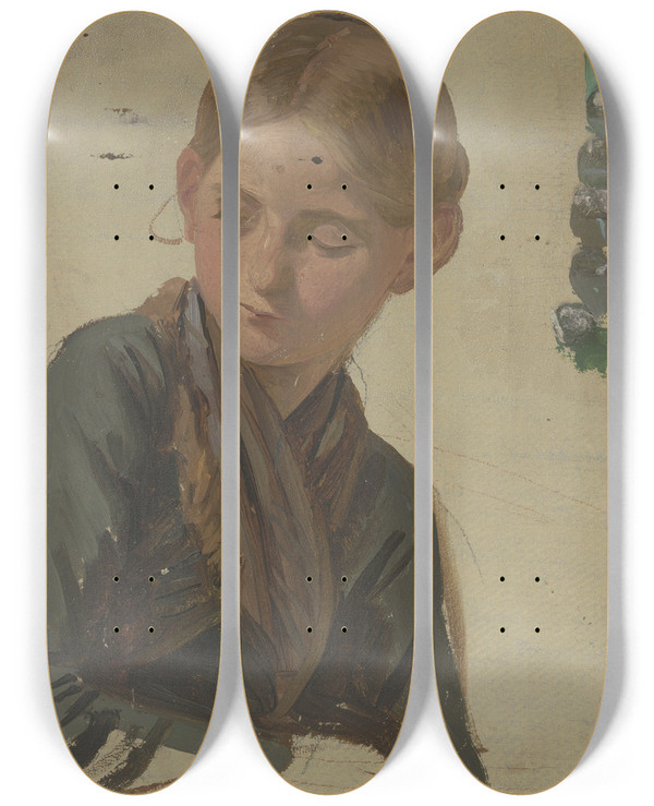 Triptych art skateboard deck of Jakob Becker Little Farmgirl 2 by Jakob Becker (1810-1872)