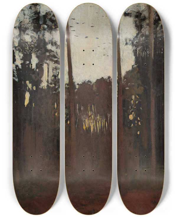 Triptych art skateboard deck of Jozef Chelmonski Wood Grouse Sketch For Hunting For Wood Grouses by Jozef Chelmonski (1849-1914)