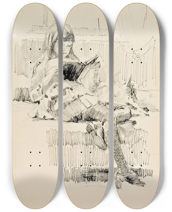 Triptych art skateboard deck of Albert Edelfelt Study Good Friends by Albert Edelfelt (1854-1905)