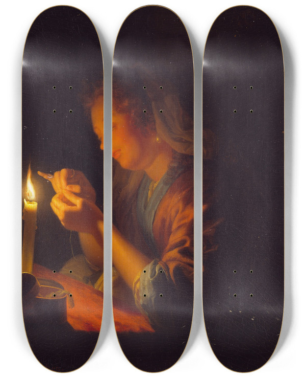 Triptych art skateboard deck of Godfried Schalcken Girl Threading A Needle By Candlelight by Godfried Schalcken (1643-1706)