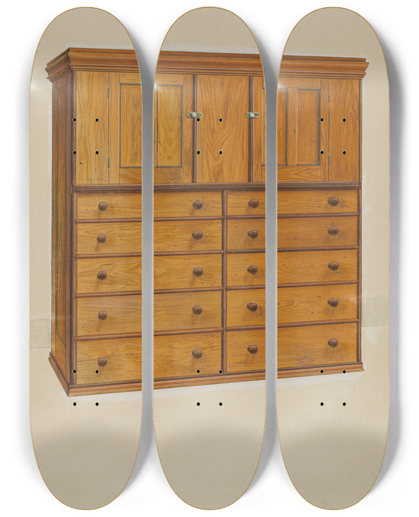 Triptych art skateboard deck of Irving I Smith Cabinet With Drawers by Irving I Smith