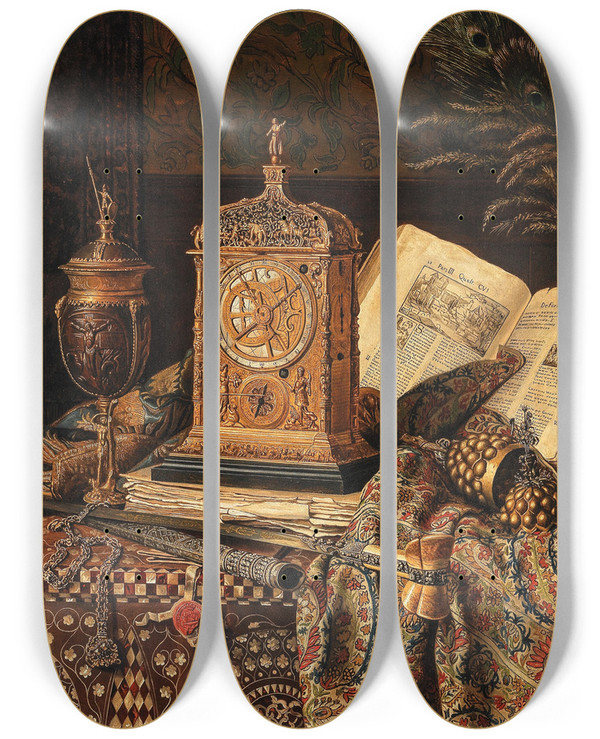 Triptych art skateboard deck of Max Schdl Still Life With Antiques_2 by Max Schodl (1834-1921)