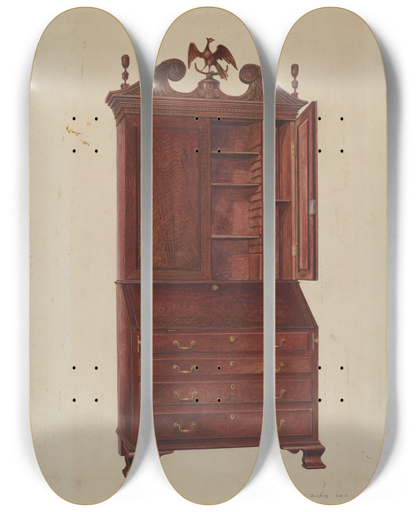 Triptych art skateboard deck of Amos C Brinton Chippendale Secretary by Amos C Brinton