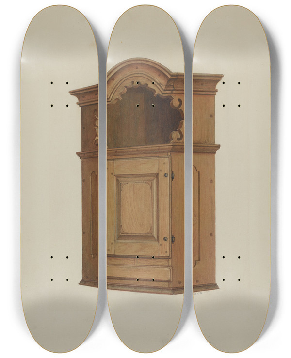 Triptych art skateboard deck of Austin L Davison Pa German Wall Corner Cupboard by Austin L Davison