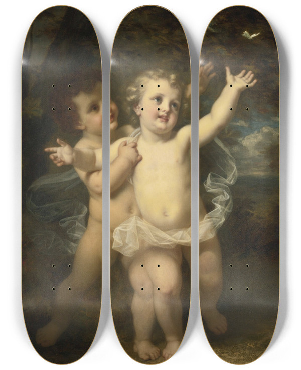Triptych art skateboard deck of Hugues Merle The Butterfly by Hugues Merle (1823-1881)