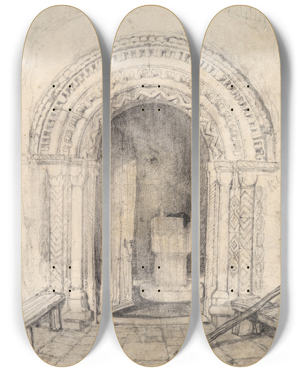 Triptych art skateboard deck of John Sell Cotman South Doorway Mundham Church Norfolk by John Sell Cotman (1782-1842)