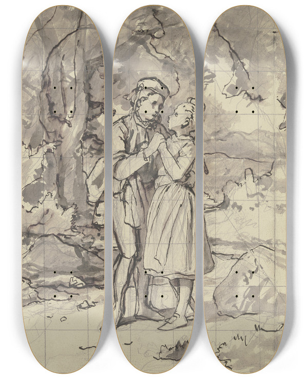 Triptych art skateboard deck of Jakob Becker Bauernjunge Und Bauernmdchen_2 by Jakob Becker (1810-1872)