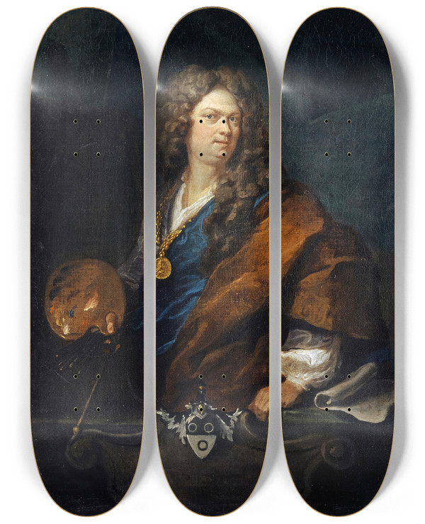 Triptych art skateboard deck of Johann Rudolf Huber The Elder Selfportrait With Family Coat Of Arms by Johann Rudolf Huber the elder (1668-1748)