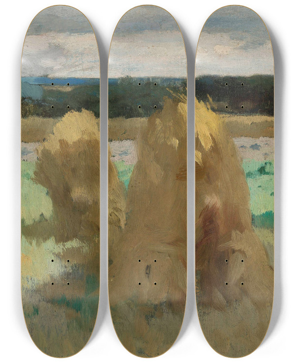 Triptych art skateboard deck of Zdzisaw Jasiski Rye Sheaves In The Field Study For The Triptych Bread by Zdzislaw Jasinski (1863-1932)
