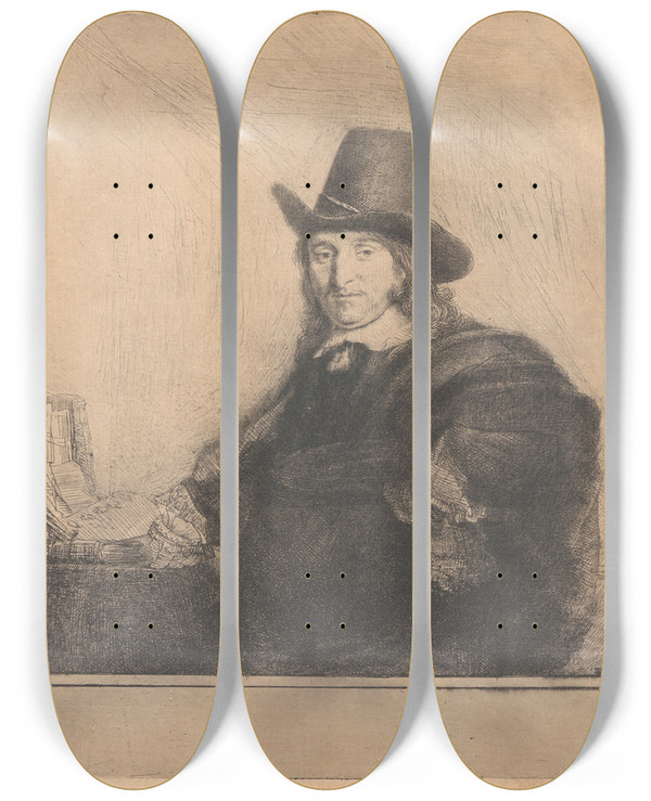 Triptych art skateboard deck of Rembrandt Van Rijn Jan Asselijn Painter Krabbetje_1 by Rembrandt Van Rijn (1606-1669)