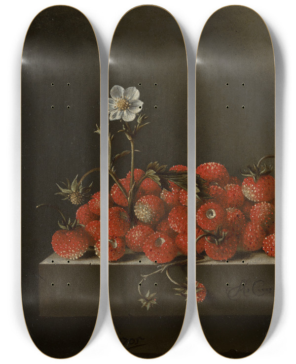 Triptych art skateboard deck of Adriaen Coorte Still Life With Wild Strawberries by Adriaen Coorte (1660-1707)
