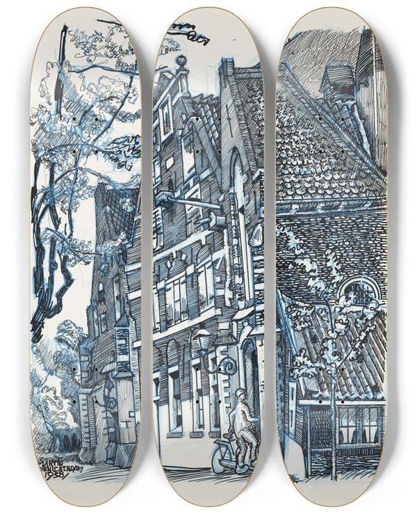 Triptych art skateboard deck of Martin Monnickendam Oostelijke Portaal Van De St Nicolaaskerk Te Monnickendam by Martin Monnickendam (1874-1943)