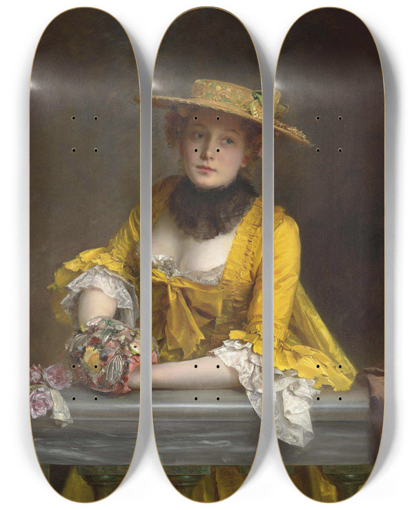 Triptych art skateboard deck of Gustave Jean Jacquet The Yellow Dress by Gustave Jean Jacquet (1846-1909)